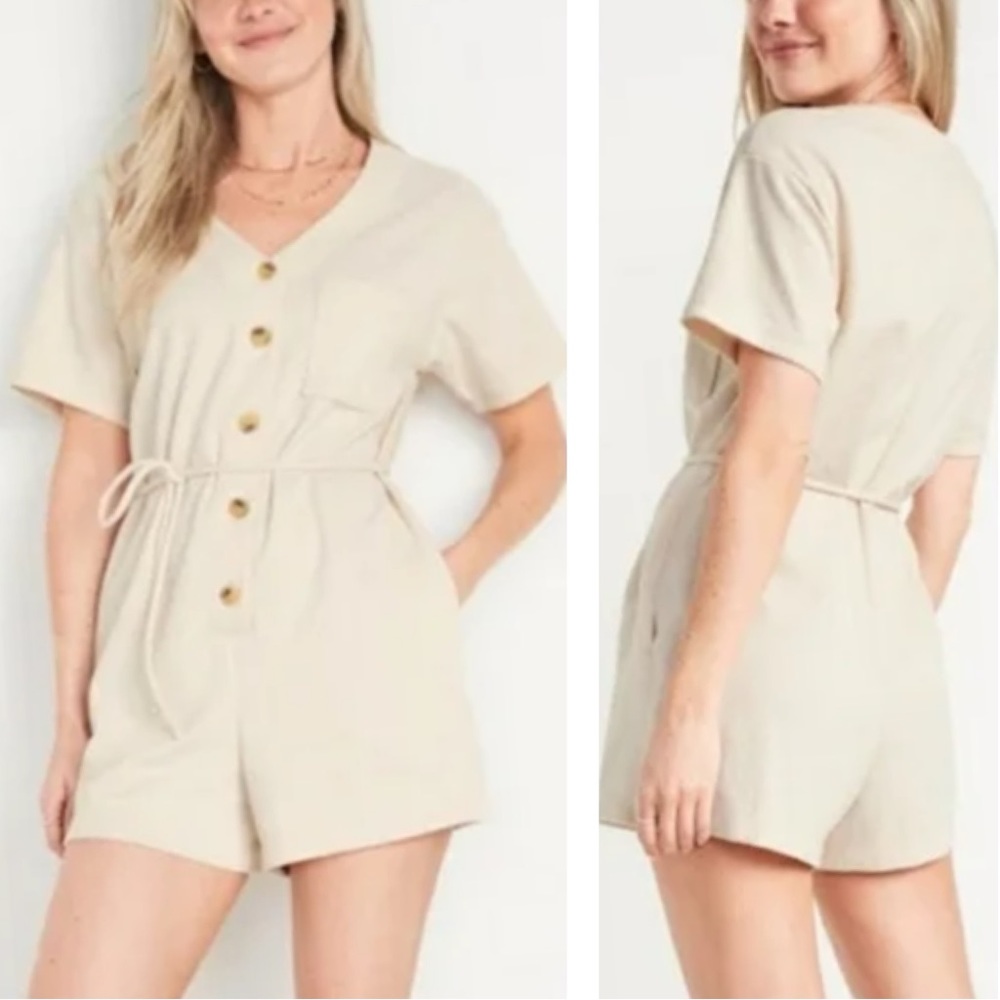 Old Navy NEW Utility Textured Short Sleeve Knit Romper Cream Size Small Tall